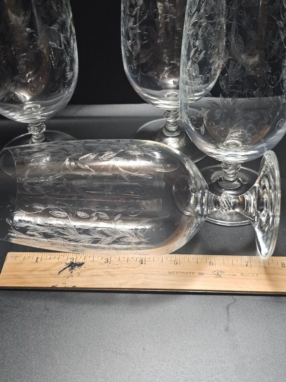 4 Pier1 Eliza Iced Tea Goblets Glasses 7.5" crystal chintz etched leaves vintage - Picture 3 of 4